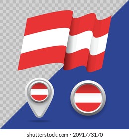 Set of national Austria flag. 3D Austria flag, map markers and emblem on transparent background vector illustration.