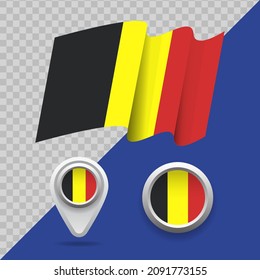 Set of national Belgium flag. 3D Belgium flag, map markers and emblem on transparent background vector illustration.