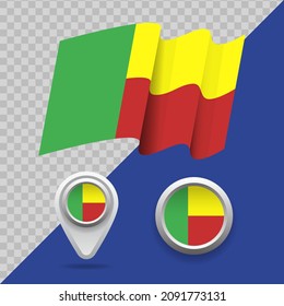 Set of national Benin flag. 3D Benin flag, map markers and emblem on transparent background vector illustration.