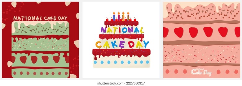 Set of National Cake Day Posters. Cute Pink and red cakes with National Cake Day lettering cake toppers. Celebrated on November 26. Minimalist. Vector Illustration. EPS 10.