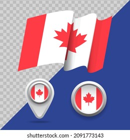 Set of national Canada flag. 3D Canada flag, map markers and emblem on transparent background vector illustration.