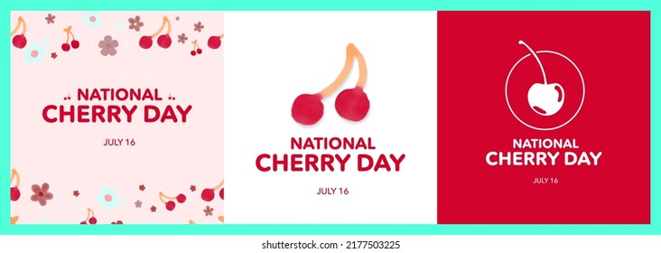 Set of National Cherry Day Greeting Artworks. Vector Illustrations in EPS File. Watercolor cherry and flowers on pink and white backgrounds. White Cherry on red background. Minimalist and cute concept