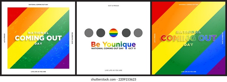 Set of National Coming Out Day Greeting Card concepts. Rainbow Pride Flag background with sunshine and lettering. Be younique. Pride Flag colors. Vector Illustration. Celebrated on October 11.