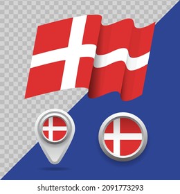 Set of national Denmark flag. 3D Denmark flag, map markers and emblem on transparent background vector illustration.