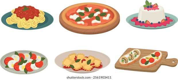 Set of national dishes caprese, spaghetti, panna cotta, pizza, bruschetta, ravioli. Illustration with traditional Italian cuisine