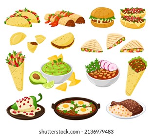 Set of national dishes of Mexico Collection Mexican meals  Mollete, Pozole, Pambazo, Empanadas, Enchiladas, Huevos, Chiles en nogada, Mole Poblano, burrito, quesadilla, tacos, nachos, guacamole Vector