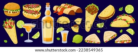 Set of national dishes of Mexico Collection Mexican meals. Enchiladas, Tacos, Burritos, Empanadas, quesadillas