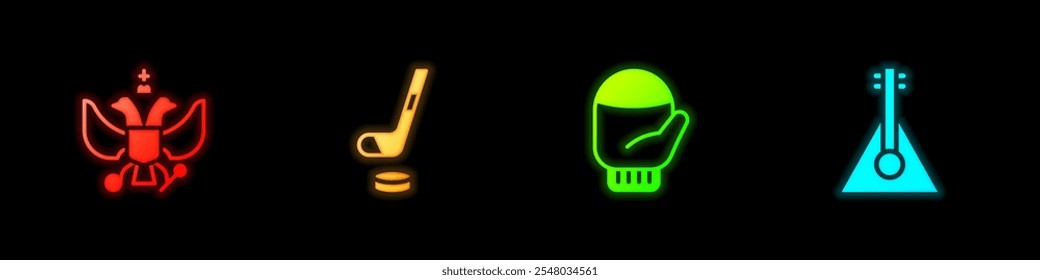 Set National emblem of Russia, Ice hockey stick and puck, Christmas mitten and Balalaika icon. Vector