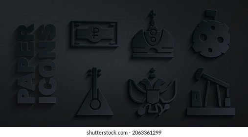 Set National emblem of Russia, Moon with flag, Balalaika, Oil pump or pump jack, King crown and Russian ruble banknote icon. Vector