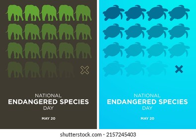 Set von Tagesplakaten für gefährdete Arten. 20. Mai. Vektorgrafik des verblassten Elefanten auf braunem Hintergrund, Rücken-Schildkröte, die auf Meereswasserhintergrund verblasst. EPS10-Datei. Sensibilisierung.