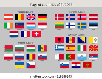 Set of national European flat flags. Countries symbols of Europe: Spain, Germany and Switzerland, Norway, Russia and Slovakia, Austria and Bulgaria. Vector icons isolated on white background.