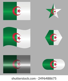 Set of National Flag of Algeria. Algerian flags in different shapes. African Country. Algeria flags isolated on grey background. Editable vector EPS available