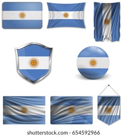 Set of the national flag of Argentina in different designs on a white background. Realistic vector illustration.