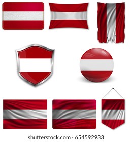 Set of the national flag of Austria in different designs on a white background. Realistic vector illustration.