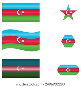 Set of National Flag of Azerbaijan. Azerbaijani flags in different shapes. European and Asian Country. Azerbaijan flags isolated on white background. Editable vector EPS available