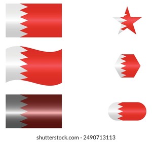 Set of National Flag of Bahrain. Bahraini flags in different shapes. Middle East Country. Bahrain flags isolated on white background. Editable vector EPS available