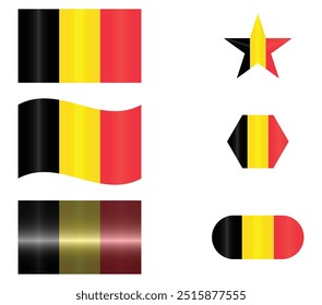 Set of National Flag of Belgium. Belgian Flags in different shapes. European Country. Belgium flags isolated on white background. Editable vector EPS available