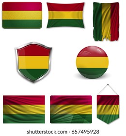 Set of the national flag of Bolivia in different designs on a white background. Realistic vector illustration.