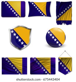 Set of the national flag of Bosnia and Herzegovina in different designs on a white background. Realistic vector illustration.