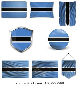 Set of the national flag of Botswana in different designs on a white background. Realistic vector illustration.