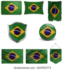 Set of the national flag of Brazil in different designs on a white background. Realistic vector illustration.