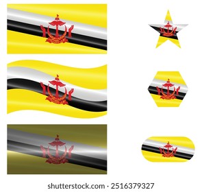 Set of National Flag of Brunei. Borneo Flags in different shapes. Asian Country. Brunei flags isolated on white background. Editable vector EPS available