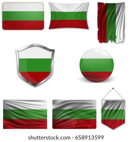 Set of the national flag of Bulgaria in different designs on a white background. Realistic vector illustration.