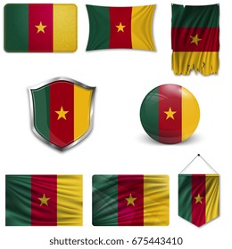 Set of the national flag of Cameroon in different designs on a white background. Realistic vector illustration.