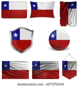 Set of the national flag of Chile in different designs on a white background. Realistic vector illustration.