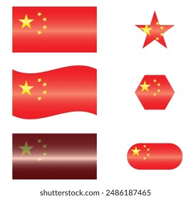 Set of National Flag of China. Chinese flags in different shapes. Asian Country. China flag isolated on white background. Editable vector EPS available