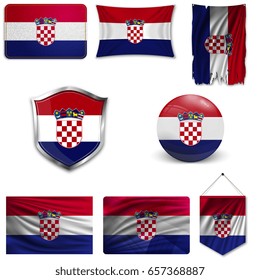 Set of the national flag of Croatia in different designs on a white background. Realistic vector illustration.
