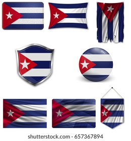 Set of the national flag of Cuba in different designs on a white background. Realistic vector illustration.