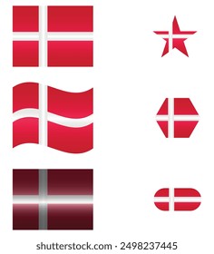 Set of National Flag of Denmark. Danish flags in different shapes. European Country. Denmark flags isolated on white background. Editable vector EPS available