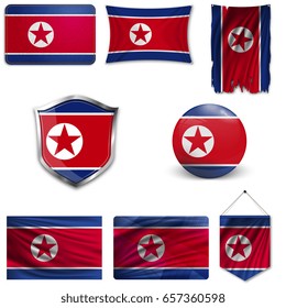 Set of the national flag of DPRK in different designs on a white background. Realistic vector illustration.