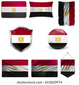 Set of the national flag of Egypt in different designs on a white background. Realistic vector illustration.