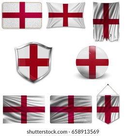 Set of the national flag of England in different designs on a white background. Realistic vector illustration.