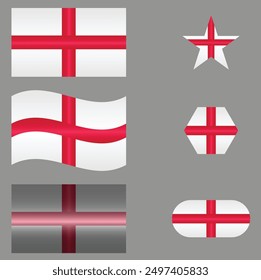 Set of National Flag of England. Great Britain flags in different shapes. European Country. British flags isolated on grey background. Editable vector EPS available