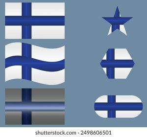 Conjunto de Bandera Nacional de Finlandia. Banderas de la Tierra de los Mil Lagos en diferentes Formas. Country europeo. Banderas de Finlandia aisladas sobre fondo gris. EPS de Vector editable disponible