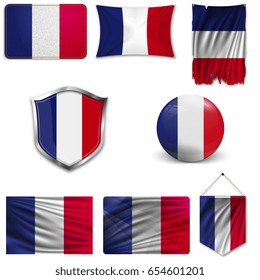 Set of the national flag of France in different designs on a white background. Realistic vector illustration.