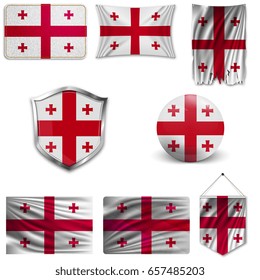 Set of the national flag of Georgia in different designs on a white background. Realistic vector illustration.