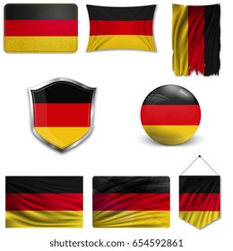 Set of the national flag of Germany in different designs on a white background. Realistic vector illustration.