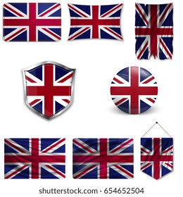 Set of the national flag of Great Britain in different designs on a white background. Realistic vector illustration.