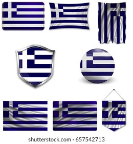 Set of the national flag of Greece in different designs on a white background. Realistic vector illustration.