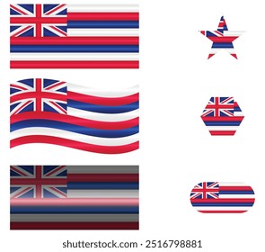 Set of National Flag of Hawaii. Sandwich Islands Flags in different shapes. North American Country. Hawaiian flags isolated on white background. Editable vector EPS available