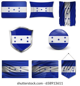 Set of the national flag of Honduras in different designs on a white background. Realistic vector illustration.