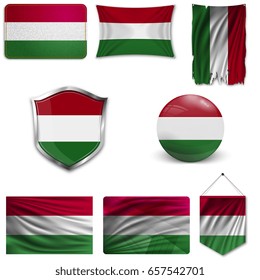 Set of the national flag of Hungary in different designs on a white background. Realistic vector illustration.