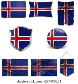 Set of the national flag of Iceland in different designs on a white background. Realistic vector illustration.