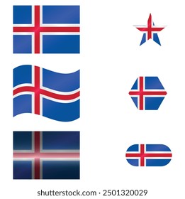 Set of National Flag of Iceland. Icelandic in different shapes. European Country. Island flags isolated on white background. Editable vector EPS available