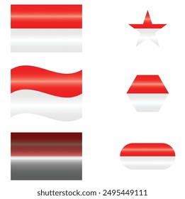 Set of National Flag of Indonesia. Indonesian flags in different shapes. Asian Country. Indonesia flags isolated on white background. Editable vector EPS available