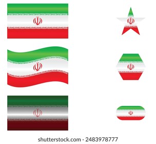 Conjunto de Bandera Nacional de Irán. Banderas iraníes en diferentes Formas. Oriente Medio. Bandera de Persia aislada sobre fondo blanco. EPS de Vector editable disponible